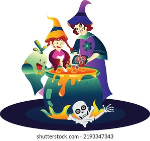 Halloween Witch Cooks A Magic Potion In A Cauldron