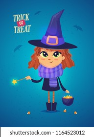 Halloween Witch with cooks and magic stick. Girl in a witch costume Funny character. Design for print, party decoration, t-shirt, illustration, logo, emblem or sticker. Vector illustration