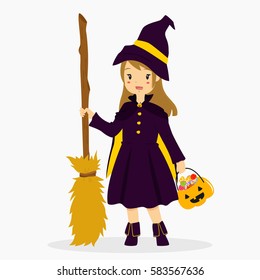 Halloween witch costume. a girl wearing witch costume for Halloween party, carrying a broomstick and pumpkin bucket full of candies vector illustration