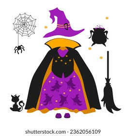 Halloween Costume, Happy Halloween cute Witch costume with Fancy Elements Spider Web, Cat, Broom, Potion.