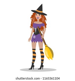 Halloween witch costume for women with hat and broomstick. Beautiful outfit for party. Isolated vector flat illustration