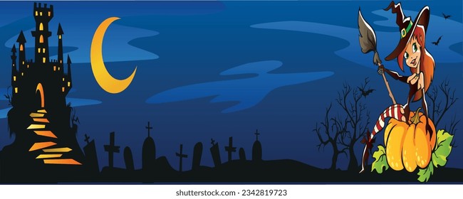 Halloween witch and Crescent moon silhouette in tomb