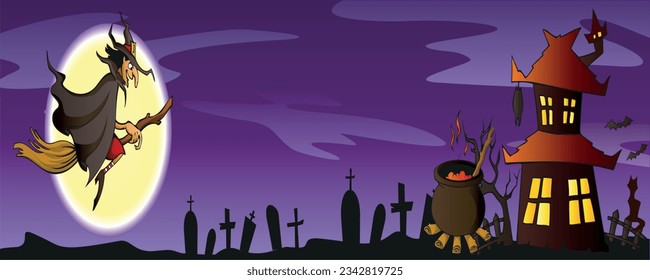 Halloween witch and Crescent moon silhouette in tomb