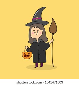 Halloween witch. Cute girl in Halloween costume. vector illustration