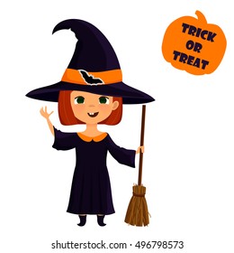Halloween witch. Cute girl in witch costume illustration. Little witch character. Element for design, prints and greeting cards. Trick or treat stamp or sticker.
