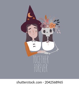 Halloween Witch with Cute Skeleton wearing Flower Wreath
