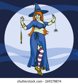 Halloween Witch Dancing With Spider Web Vector Drawing