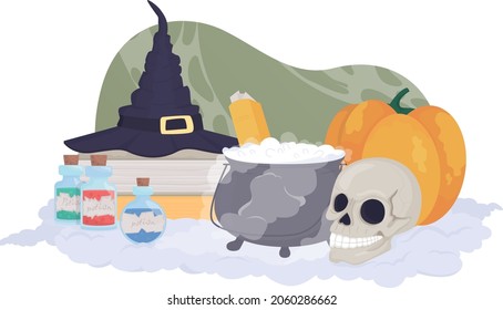 Halloween witch decor 2D vector isolated illustration. Witch hat. Cauldron with potion. Creepy decorative flat composition on cartoon background. Holiday decoration colourful scene