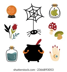 Elementos de diseño de brujas de Halloween en estilo plano de caricatura. Cobweb, caldero, bola de cristal, pociones y hierbas.