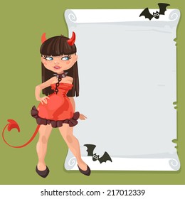 Halloween witch devil girl with message board