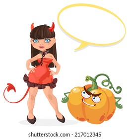 Halloween witch devil girl with message board vector illustration