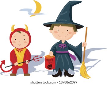 Halloween witch and devil,Moonlit night