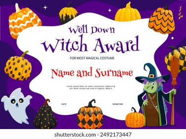 Halloween witch diploma with patterned pumpkins, funny ghost and witch character with broom. Vector gift certificate for the most magical costume with cartoon personages. Kids award frame template