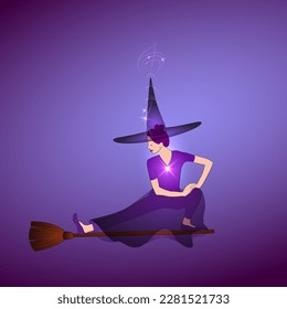 Halloween witch doing stretching yoga posture. Slim young witch woman in hatha yoga stretching pose standing on broom. Yogi hag in well balanced posture practicing witchcraft, making starlight magic