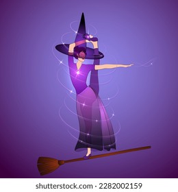 Halloween witch doing stretching yoga posture. Slim young witch woman in hatha yoga stretching pose standing on broom. Yogi hag in well balanced posture practicing witchcraft, making starlight magic