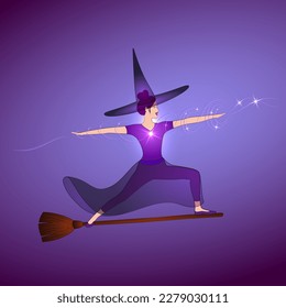 Halloween witch doing virabhadrasana yoga posture. Slim young witch woman in hatha yoga warrior pose standing on broom. Yogi hag in well balanced posture practicing witchcraft, making starlight magic