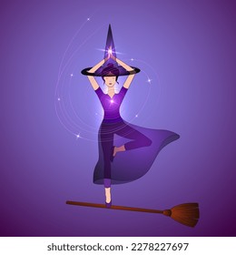 Halloween witch doing vrikshasana yoga tree posture. Slim young witch woman in hatha yoga tree pose standing on broom. Yogi girl in well balanced posture practicing witchcraft, making starlight magic