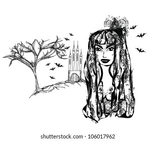 Halloween witch - doodle vector grunge portrait