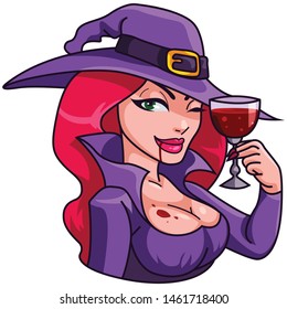 Halloween witch. The witch is drinking wine. Vector illustration in cartoon style. Isolated on white background.Vector illustration for Halloween.