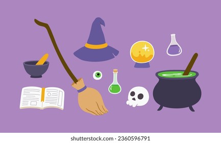 Sammlung von Halloween-Elementen,
wie Kessel, Broomstick, Schädel, Kristallkugel usw.