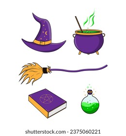 Halloween witch elements collection vector magic pot, potion bottle, broomstick illustration