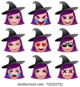 Halloween Witch Emotion set. Cute personage with different emotions for Halloween.