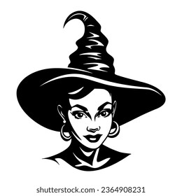 Halloween witch face. Woman in witch hat. Pretty girl portrait. Vector cartoon illustration isolated on white background. Design For T-shirt printing, poster, party invitation