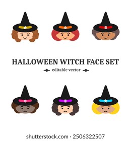 Halloween witch faces set with six cute fantasy characters. Cartoon flat design for magic, wizard, hag and spell theme. Different skin colors and hair styles Editable EPS vector.