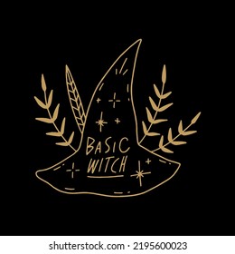 Halloween witch fantasy hat groovy vector and jpg printable image, unique boho clipart illustration, editable isolated details. Perfect for poster or postcard template, t-shirt clothes design