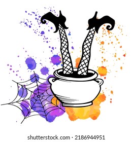 Halloween witch feet in a cauldron and spider web. Hand drawn sketch style. Black shoes. Vector illustration on blobs background.