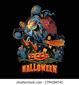 Halloween witch flies with a broom over the pile of halloween pumpkins and carries a pot full of poison. editable layers vector artwork