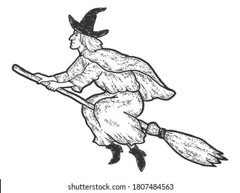 Halloween, witch flies on broomstick. Sketch scratch board imitation.