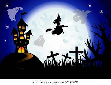 Halloween. The witch flies on a broomstick against the backdrop of a huge full moon. Night landscape, ghosts, castle