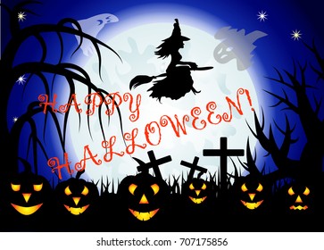Halloween. The witch flies on a broomstick against the backdrop of a huge full moon. Night landscape, ghosts, pumpkins, jacks