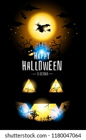 Halloween Witch fly on orange big moon, cat and ghost in cemetery dark background, poster vector illustration.