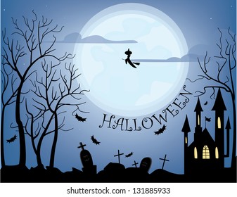 Halloween Witch Flying Across a Full Moon over a Graveyard and Mansion