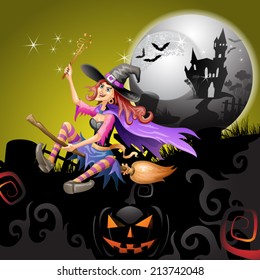 Halloween witch flying in broom