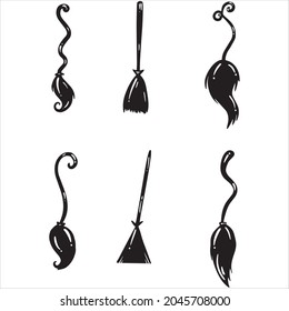 halloween witch flying broom black and white vector illustration