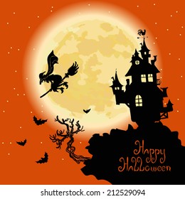 Halloween witch flying in broom. Hand drawn vector illustration.