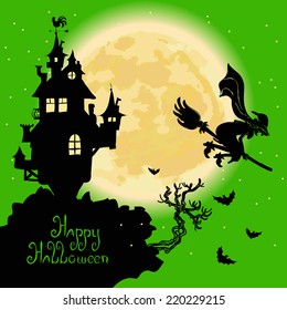 Halloween witch flying in broom. Hand drawn vector illustration.