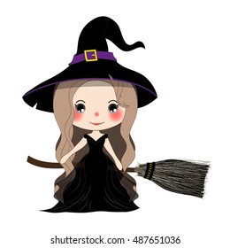 Halloween Witch Flying with Broom and Hat. Beautiful Young Woman on Boomstick Vector. Illustration isolated on White Background.