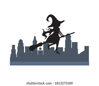 halloween witch flying in broom silhouette on the city vector illustration design