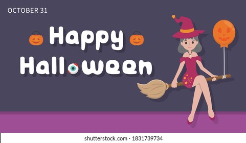 Halloween witch flying with broomstick, cartoon comic vector illustration, Asian style