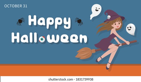 
Halloween witch flying with broomstick, cartoon comic vector illustration, Asian style