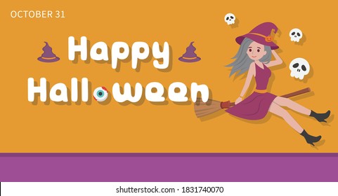 Halloween witch flying with broomstick, cartoon comic vector illustration, Asian style