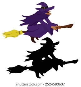 Halloween witch flying by her broom, with purple cloak, and Sillhouette of the witch with black color.