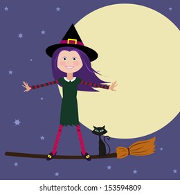 Halloween Witch Flying by the Moon. Vector illustration.