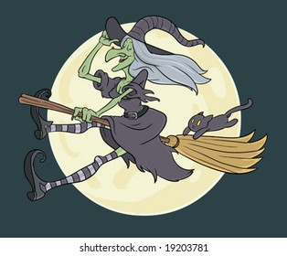 halloween witch flying in front of full moon with cat dangling form her broom