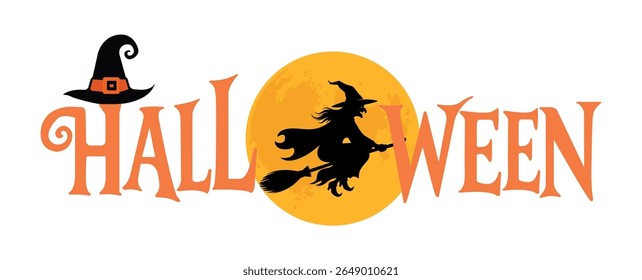 Halloween Witch Flying in Front of Moon with Text and Hat – Vector Design. 