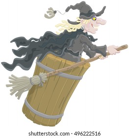 Halloween witch flying with her old broom and mortar